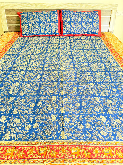 Blue Kalamkari King Size Bedsheet with 2 Pillow covers