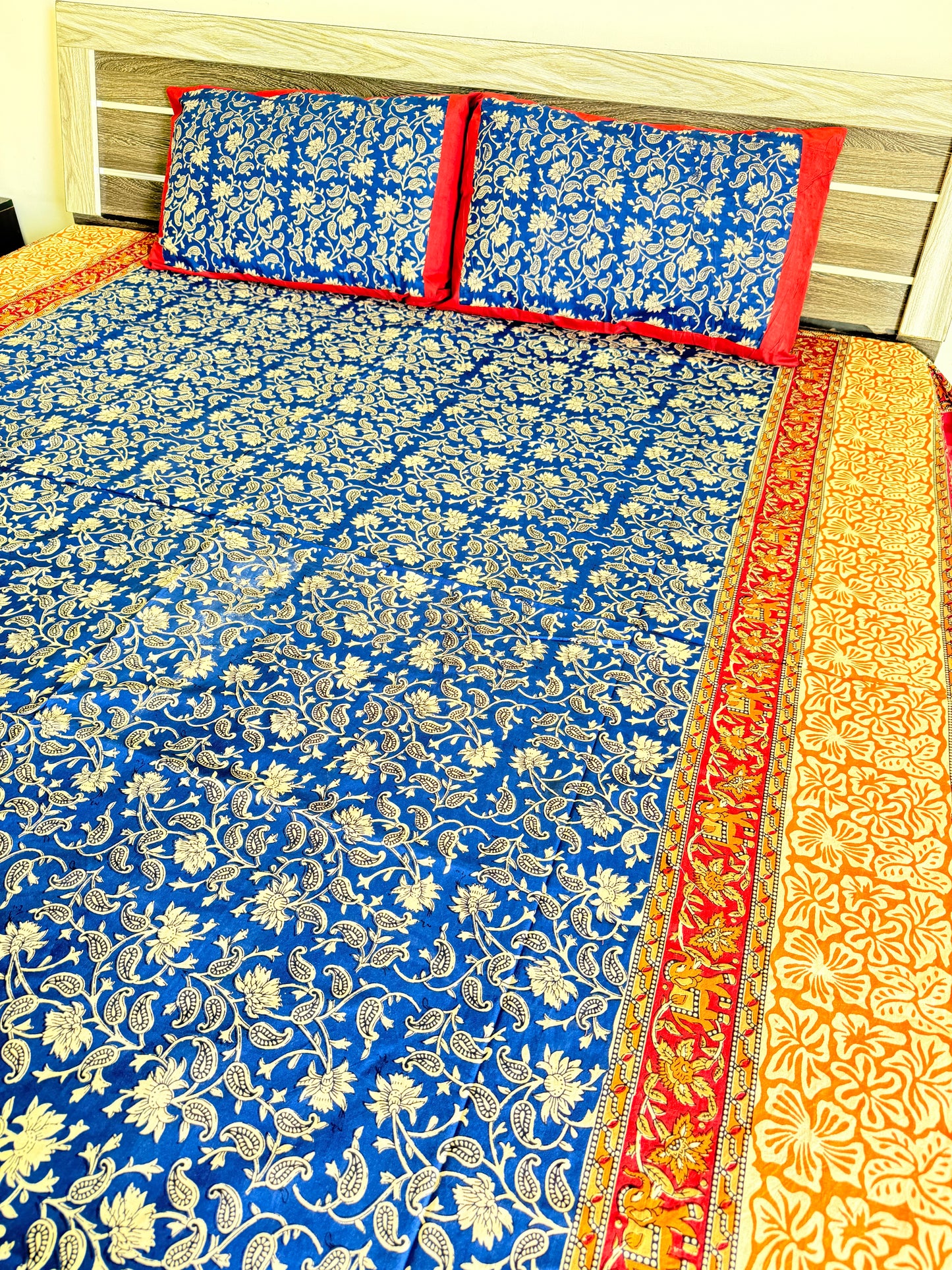 Blue Kalamkari King Size Bedsheet with 2 Pillow covers