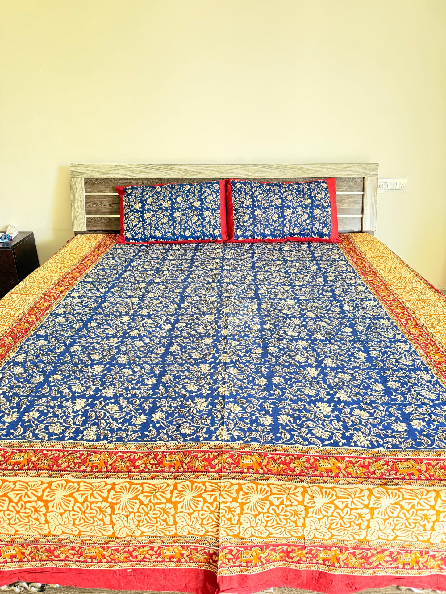 Blue Kalamkari King Size Bedsheet with 2 Pillow covers