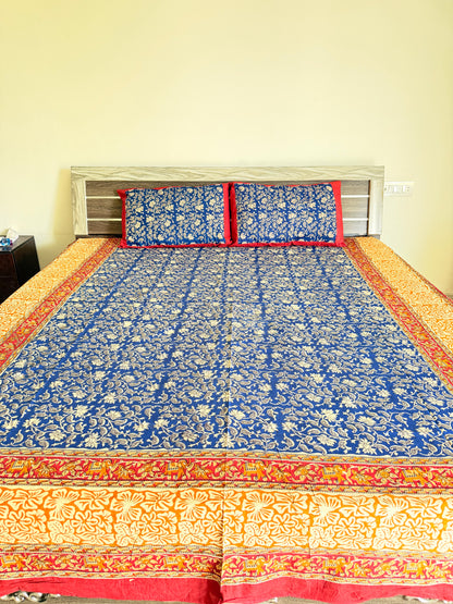 Blue Kalamkari King Size Bedsheet with 2 Pillow covers