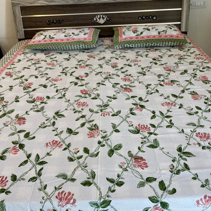 Handblock Pastel Floral Pink Double Bedsheet