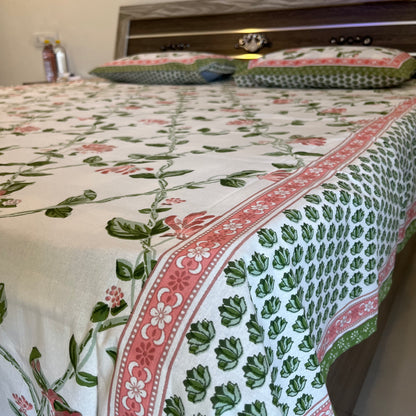 Handblock Pastel Floral Pink Double Bedsheet