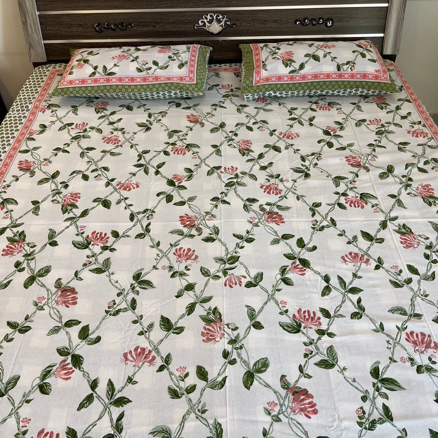 Handblock Pastel Floral Pink Double Bedsheet