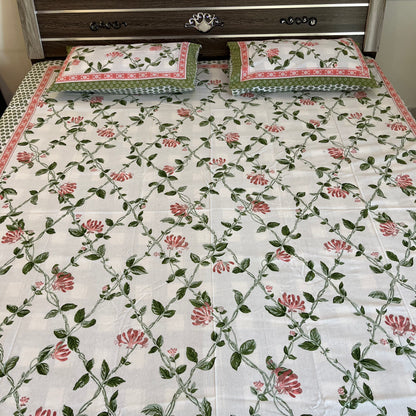 Handblock Pastel Floral Pink Double Bedsheet