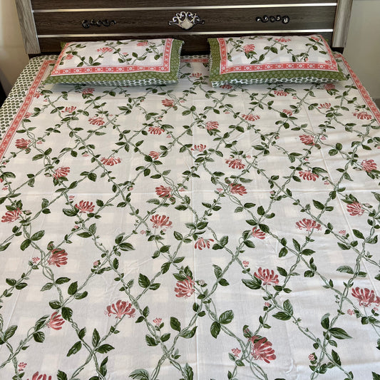 Handblock Pastel Floral Pink Double Bedsheet