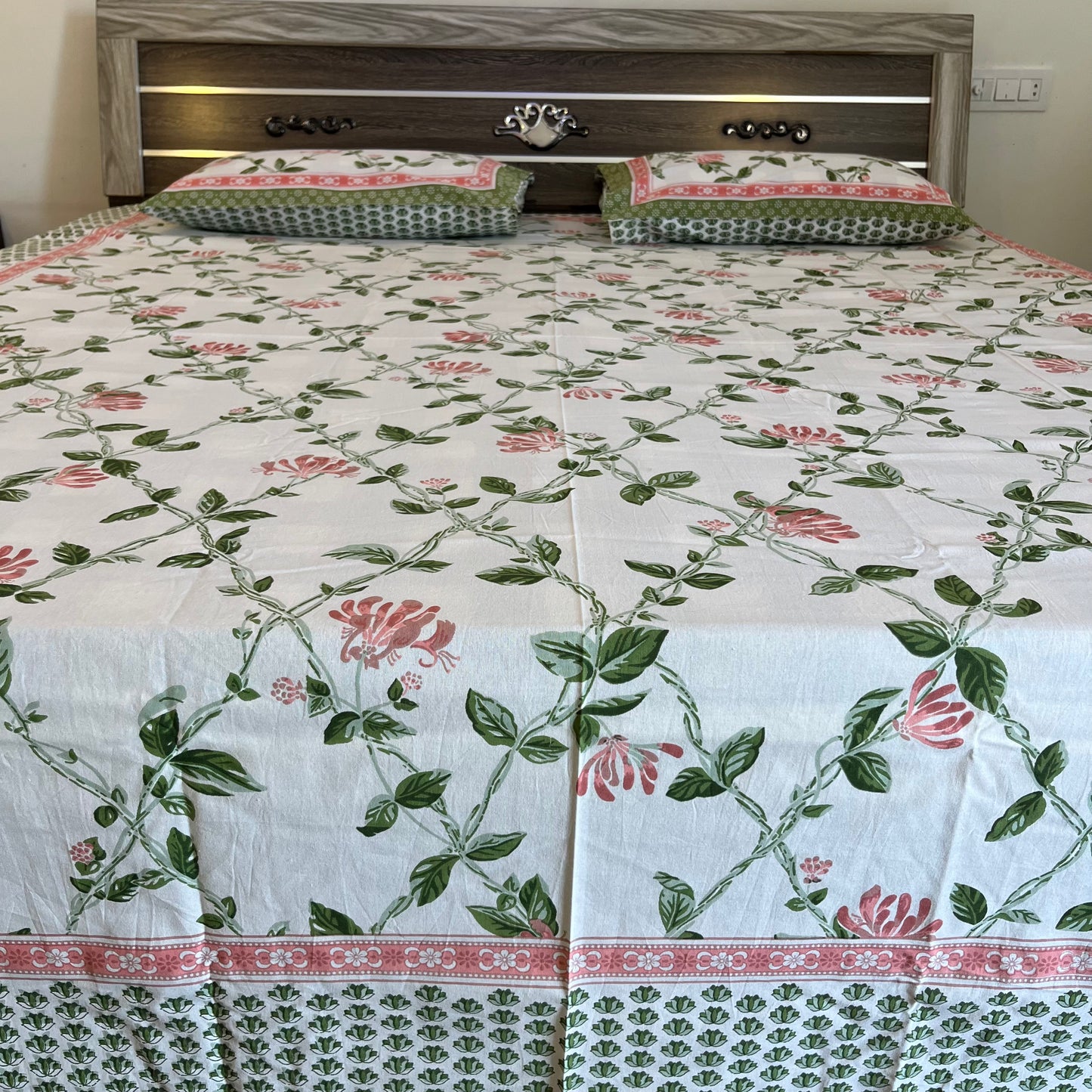 Handblock Pastel Floral Pink Double Bedsheet