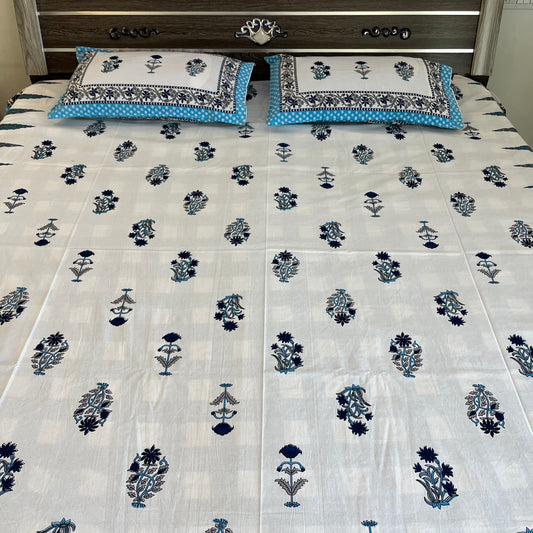 Handblock White Blue Cotton Double Bedsheet