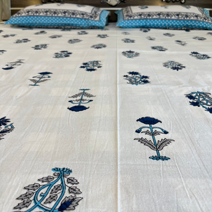 Handblock White Blue Cotton Double Bedsheet