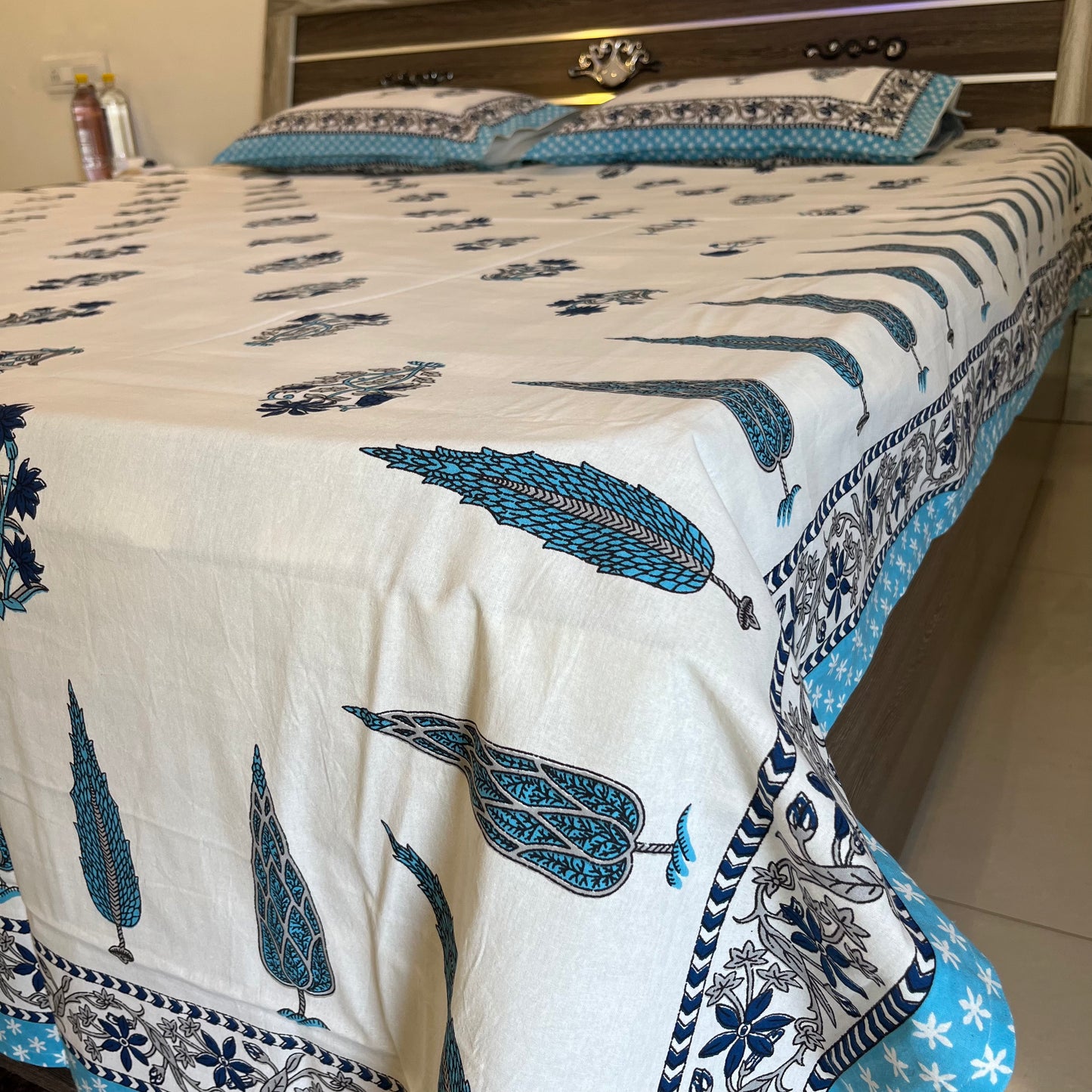 Handblock White Blue Cotton Double Bedsheet