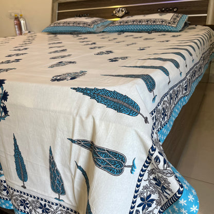 Handblock White Blue Cotton Double Bedsheet
