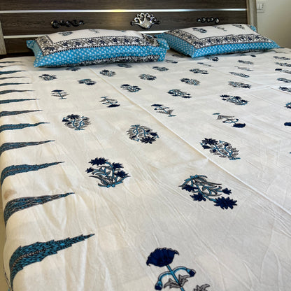 Handblock White Blue Cotton Double Bedsheet