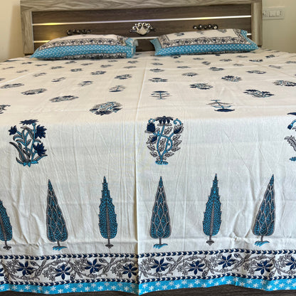 Handblock White Blue Cotton Double Bedsheet
