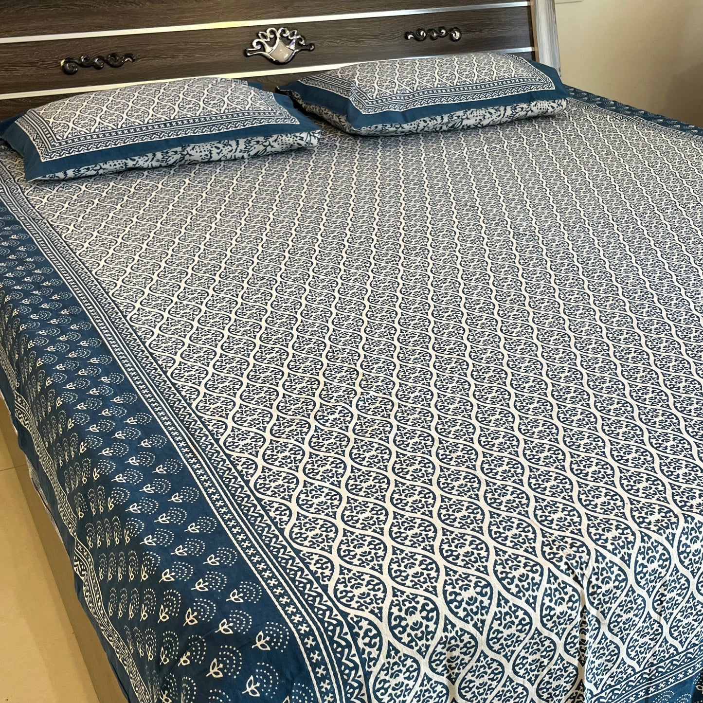 Handblock Indigo Blue Cotton Double Bedsheet