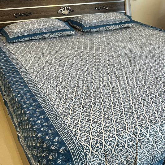 Handblock Indigo Blue Cotton Double Bedsheet