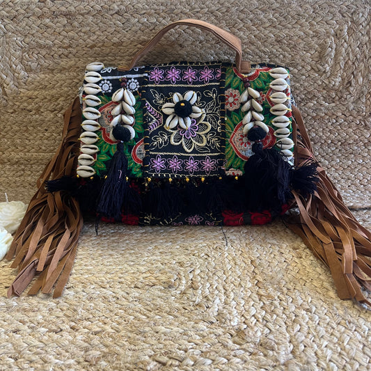Black Tasseled Boho Sling Bag with Detachable Sling