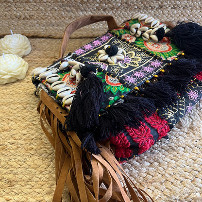 Black Tasseled Boho Sling Bag with Detachable Sling