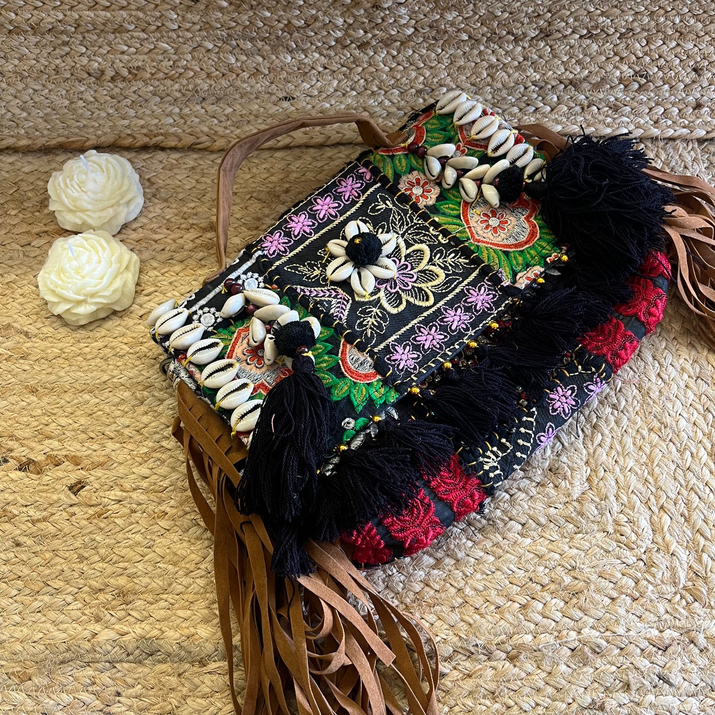 Black Tasseled Boho Sling Bag with Detachable Sling