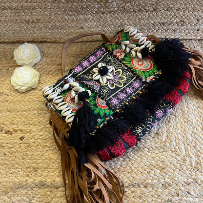 Black Tasseled Boho Sling Bag with Detachable Sling