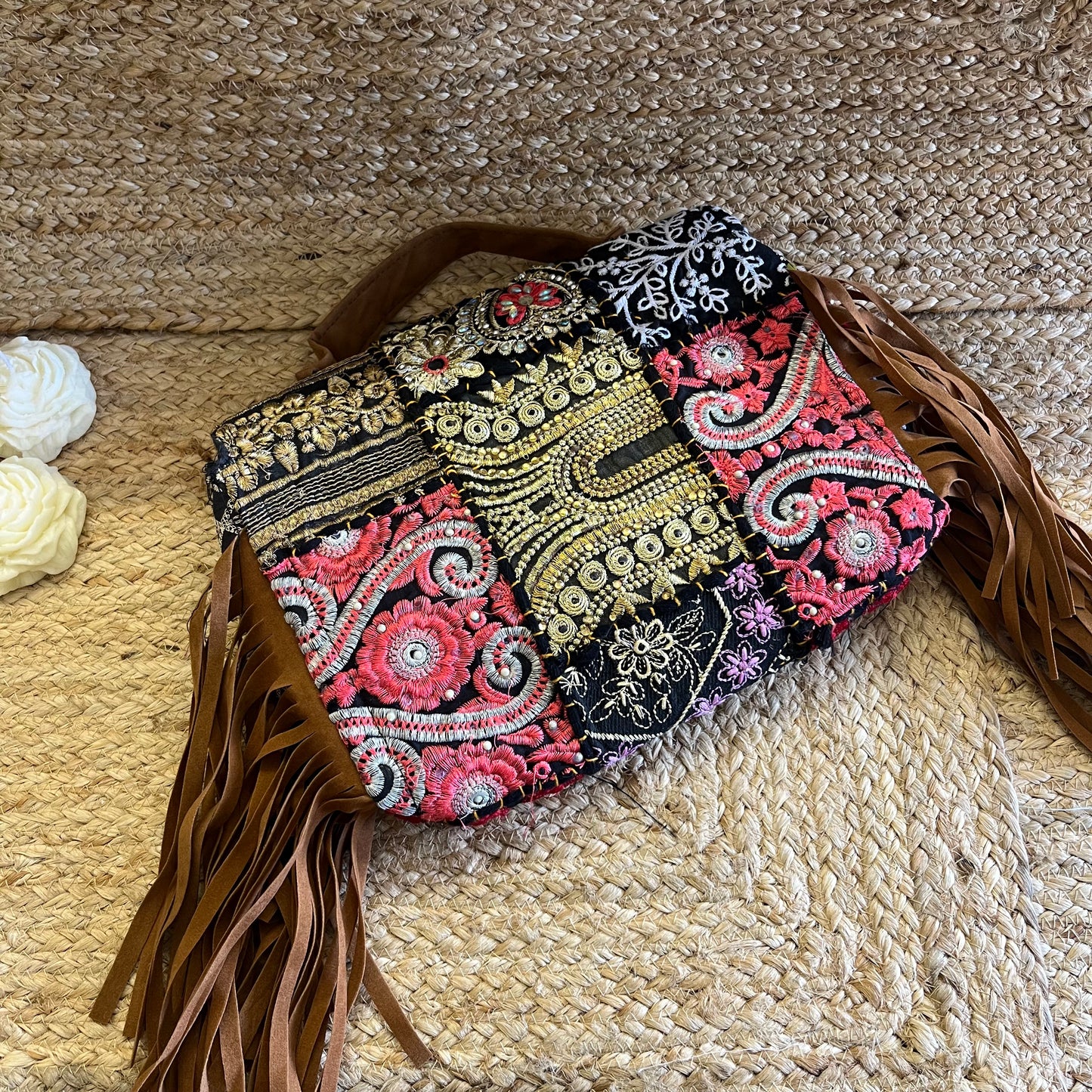 Black Tasseled Boho Sling Bag with Detachable Sling