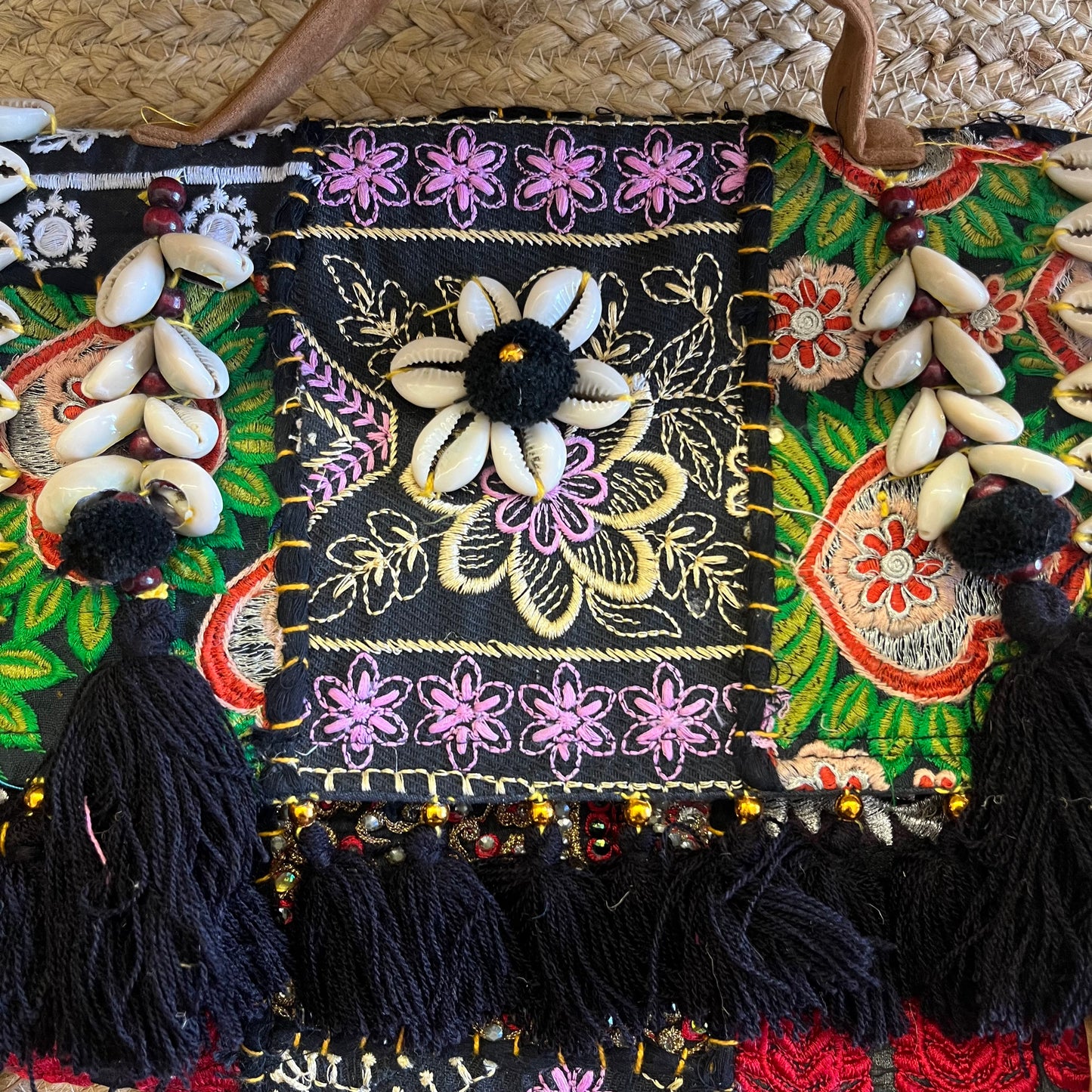 Black Tasseled Boho Sling Bag with Detachable Sling