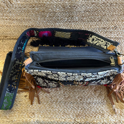 Black Tasseled Boho Sling Bag with Detachable Sling