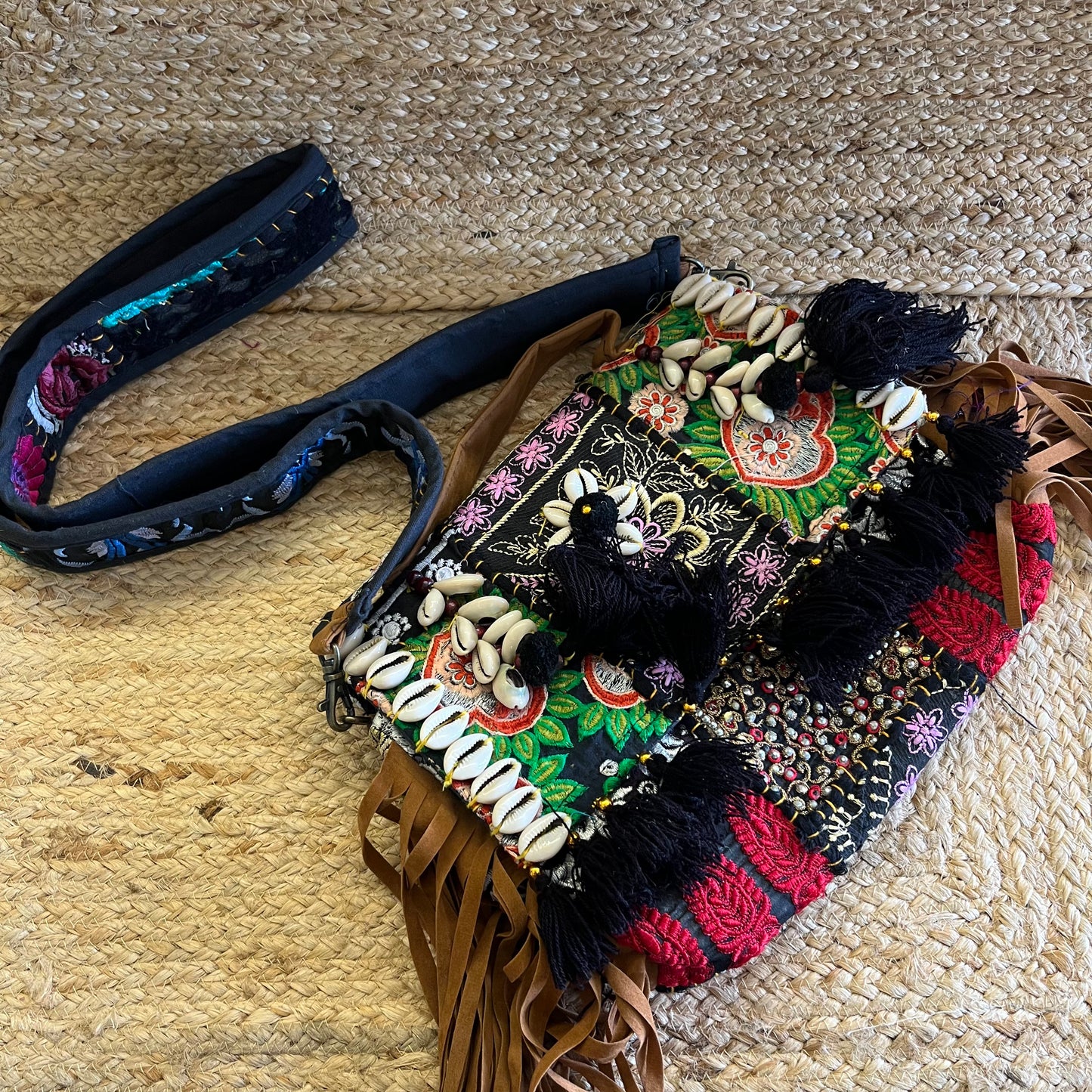 Black Tasseled Boho Sling Bag with Detachable Sling