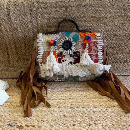 White Tasseled Boho Sling Bag with Detachable Sling