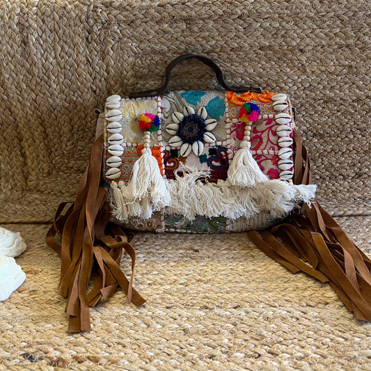 White Tasseled Boho Sling Bag with Detachable Sling