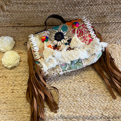White Tasseled Boho Sling Bag with Detachable Sling