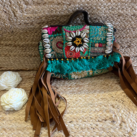 Sea Green Tasseled Boho Sling Bag with Detachable Sling