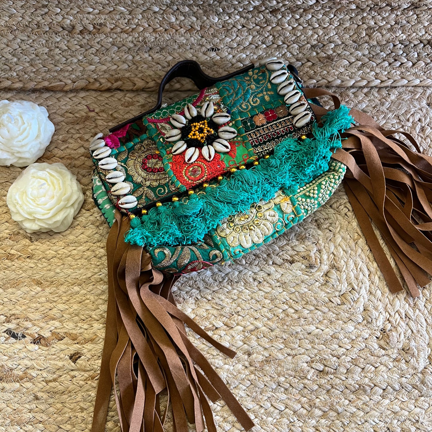 Sea Green Tasseled Boho Sling Bag with Detachable Sling