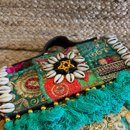 Sea Green Tasseled Boho Sling Bag with Detachable Sling