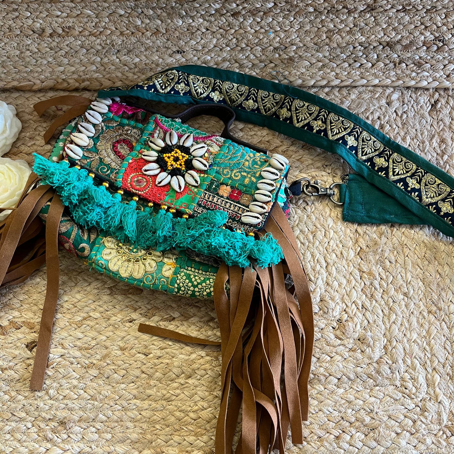 Sea Green Tasseled Boho Sling Bag with Detachable Sling