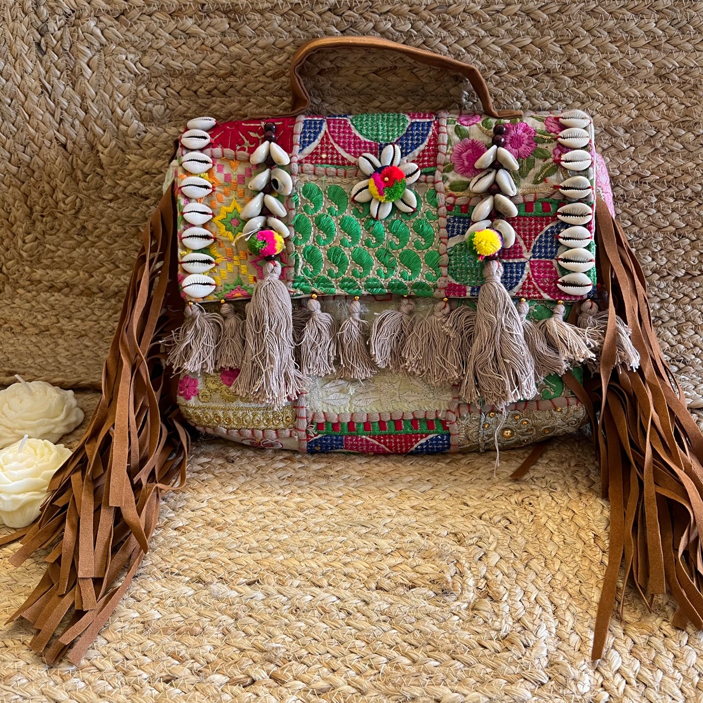 Beige Tasseled Boho Sling Bag with Detachable Sling