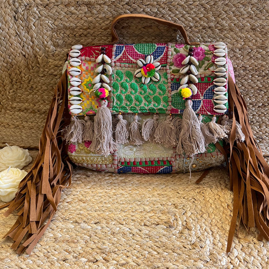 Beige Tasseled Boho Sling Bag with Detachable Sling