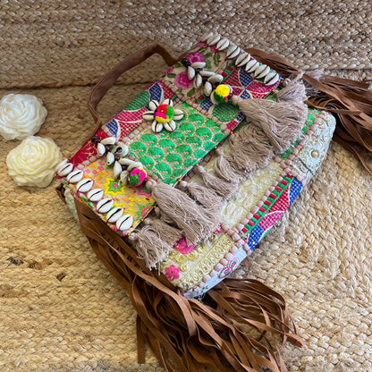 Beige Tasseled Boho Sling Bag with Detachable Sling