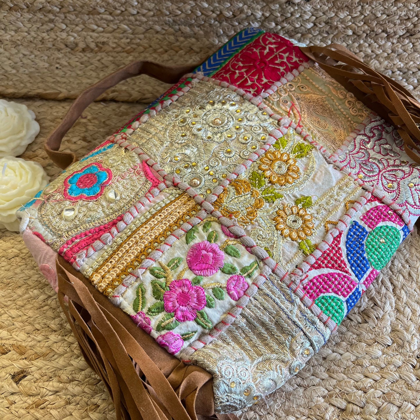 Beige Tasseled Boho Sling Bag with Detachable Sling