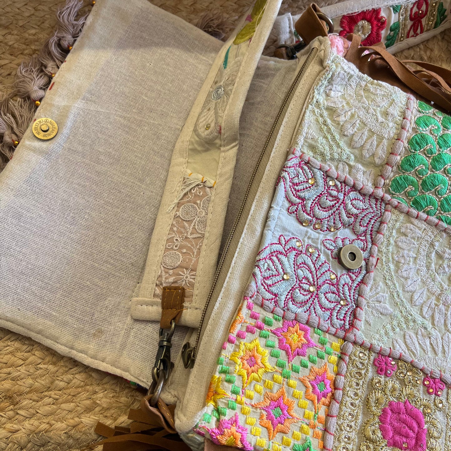 Beige Tasseled Boho Sling Bag with Detachable Sling