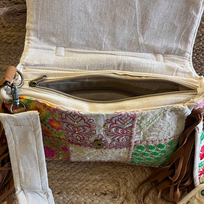 Beige Tasseled Boho Sling Bag with Detachable Sling