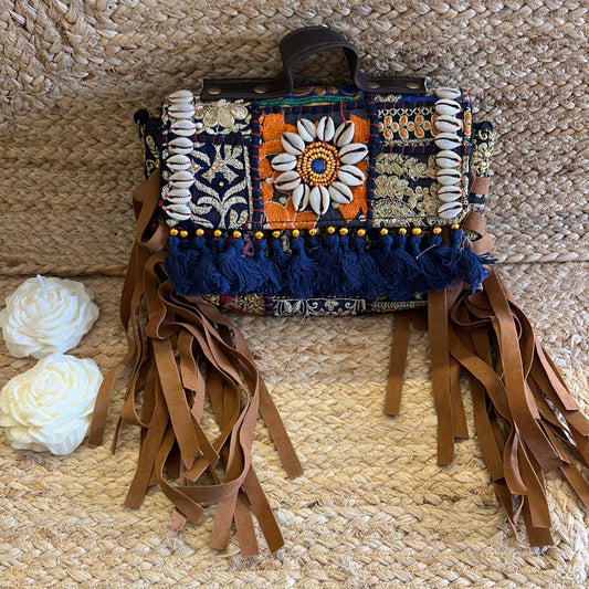 Dark Blue Tasseled Boho sling Bag with Detachable Sling
