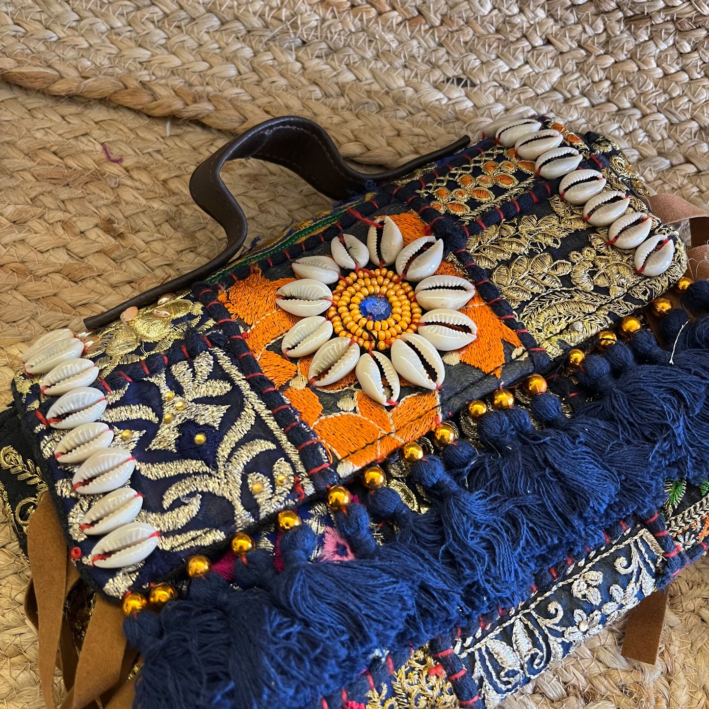 Dark Blue Tasseled Boho sling Bag with Detachable Sling