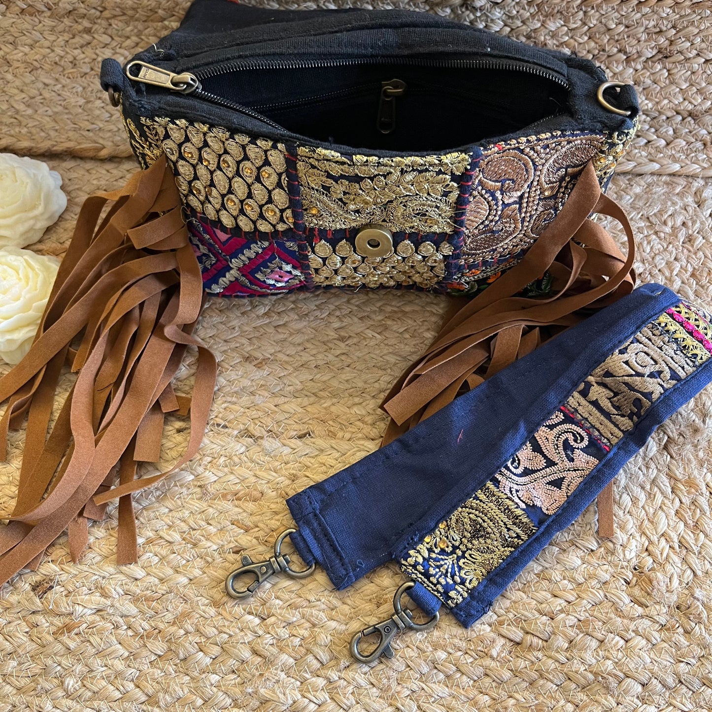 Dark Blue Tasseled Boho sling Bag with Detachable Sling