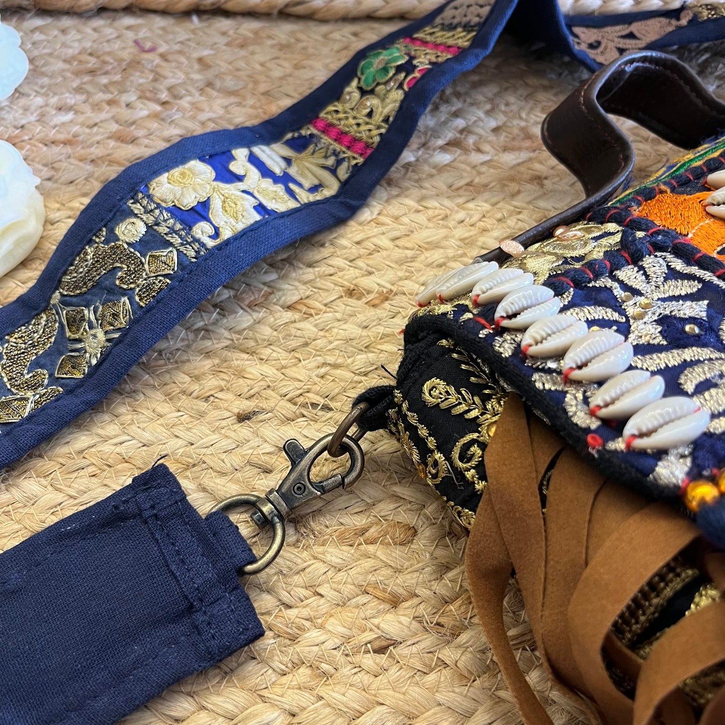 Dark Blue Tasseled Boho sling Bag with Detachable Sling