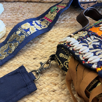 Dark Blue Tasseled Boho sling Bag with Detachable Sling