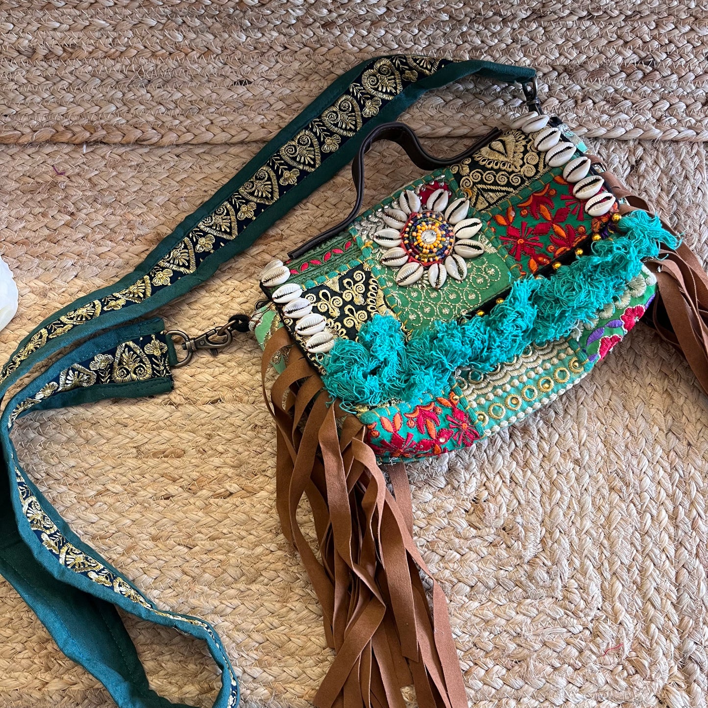 Sea Green White Flower Tasseled Boho Sling Bag with Detachable Sling