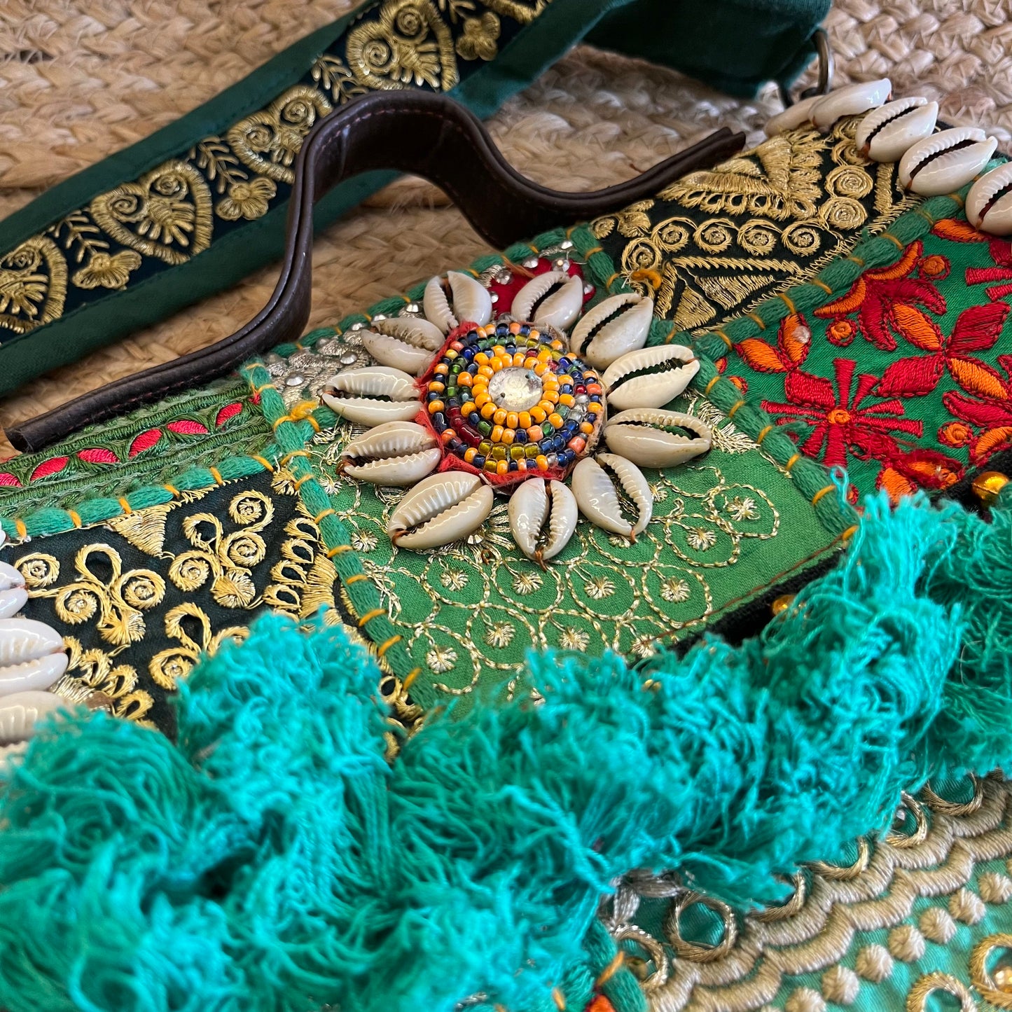 Sea Green White Flower Tasseled Boho Sling Bag with Detachable Sling