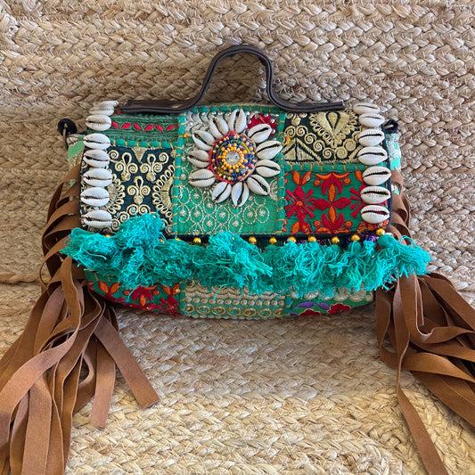 Sea Green White Flower Tasseled Boho Sling Bag with Detachable Sling