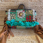 Sea Green White Flower Tasseled Boho Sling Bag with Detachable Sling