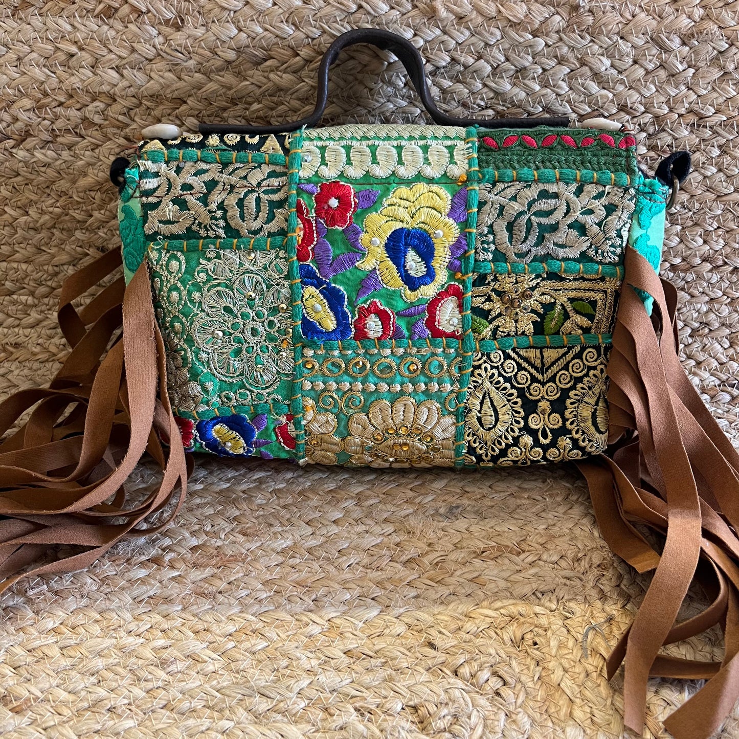 Sea Green White Flower Tasseled Boho Sling Bag with Detachable Sling