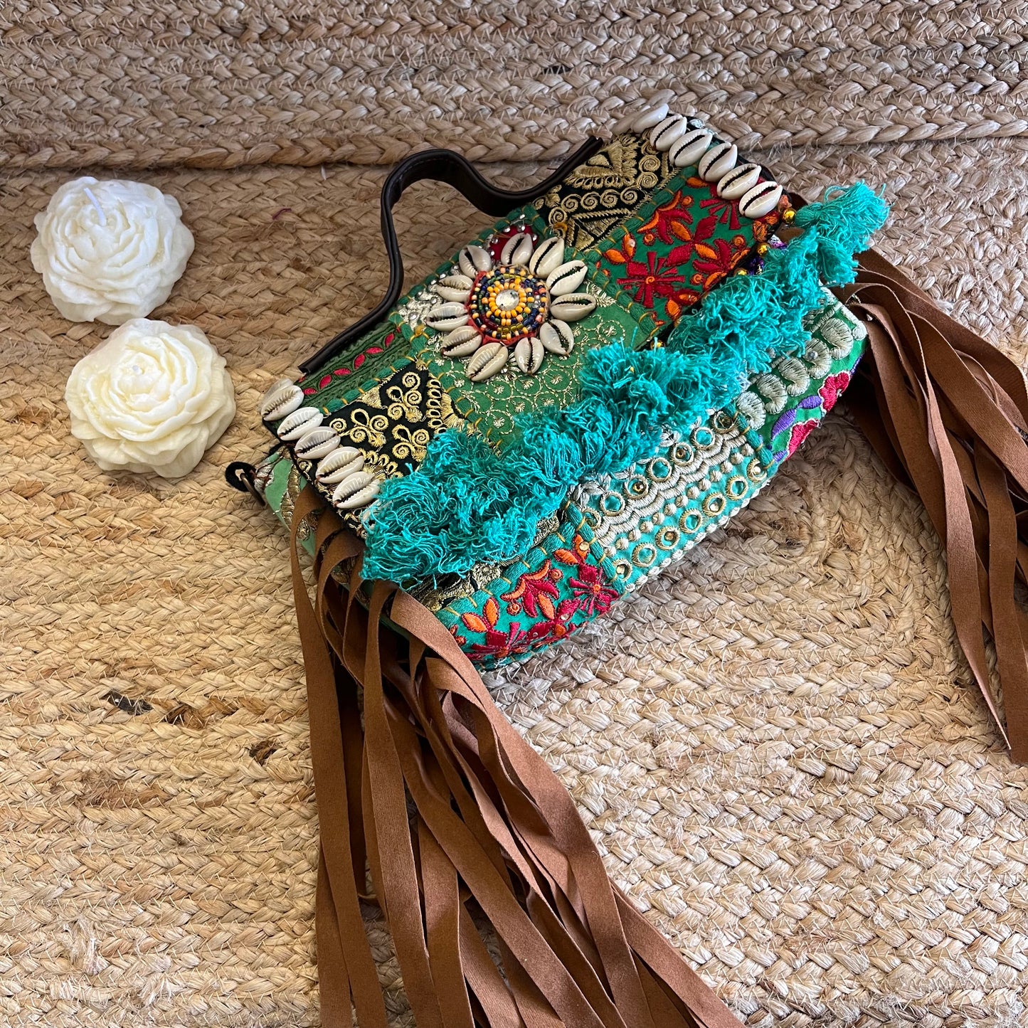 Sea Green White Flower Tasseled Boho Sling Bag with Detachable Sling